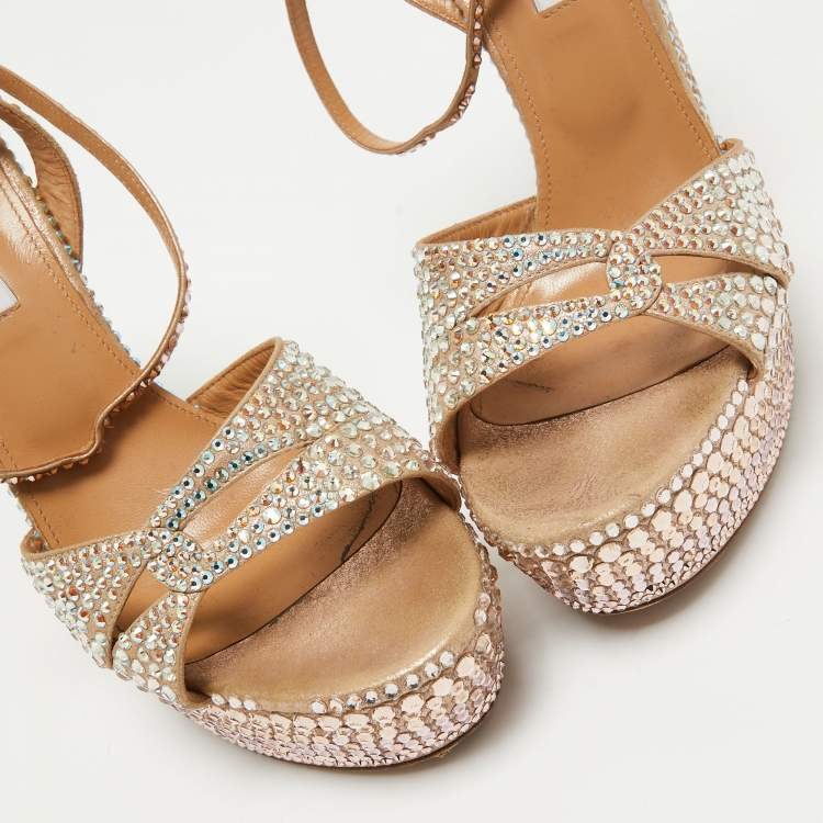 Pre Owned Aquazzura Rose Gold Crystal Embellished Leather Sinner Sandals Size 39