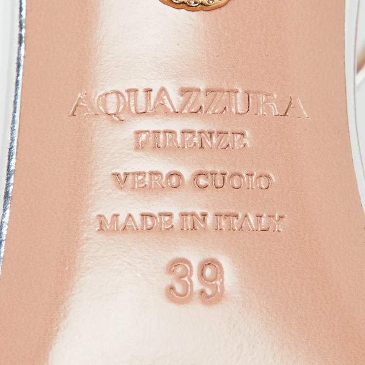 Pre Owned Aquazzura Silver Foil Leather Ankle Strap Sandals Size 39