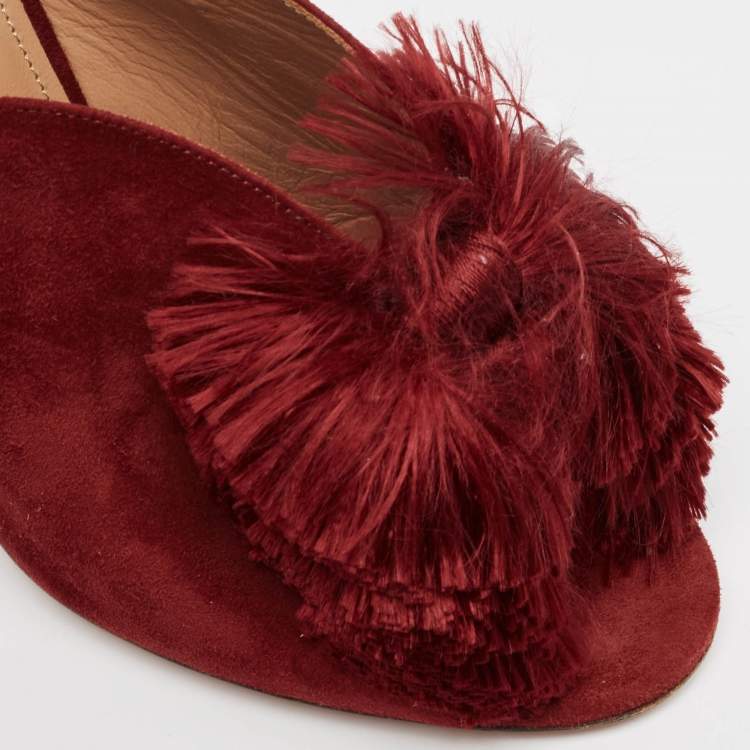 Pre Owned Aquazzura Burgundy Suede Lotus Blossom Mules Size 38