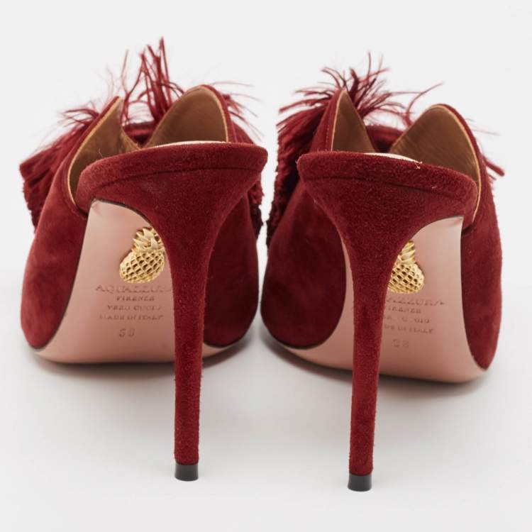 Pre Owned Aquazzura Burgundy Suede Lotus Blossom Mules Size 38