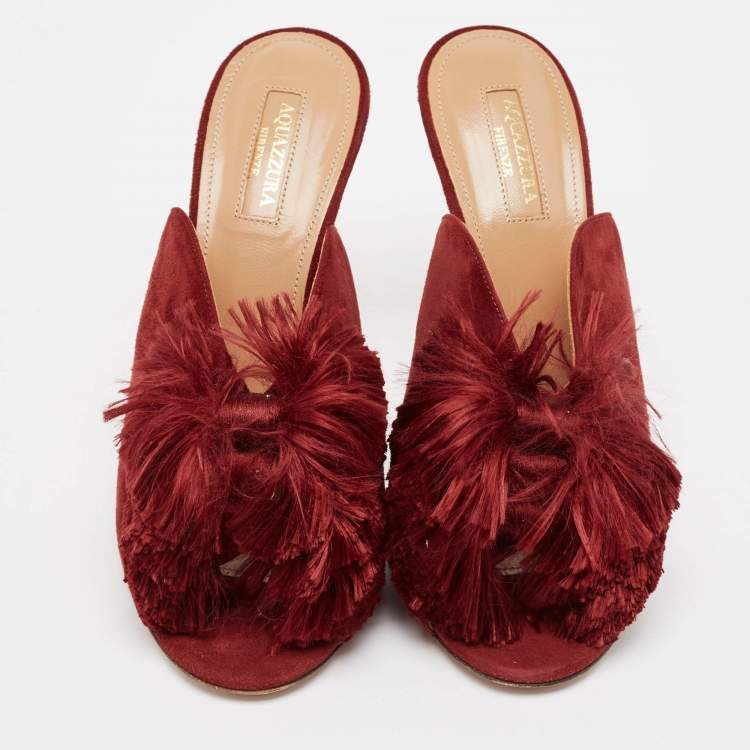 Pre Owned Aquazzura Burgundy Suede Lotus Blossom Mules Size 38