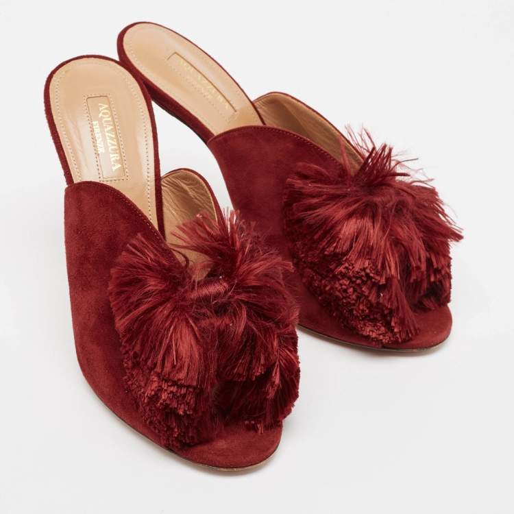Pre Owned Aquazzura Burgundy Suede Lotus Blossom Mules Size 38