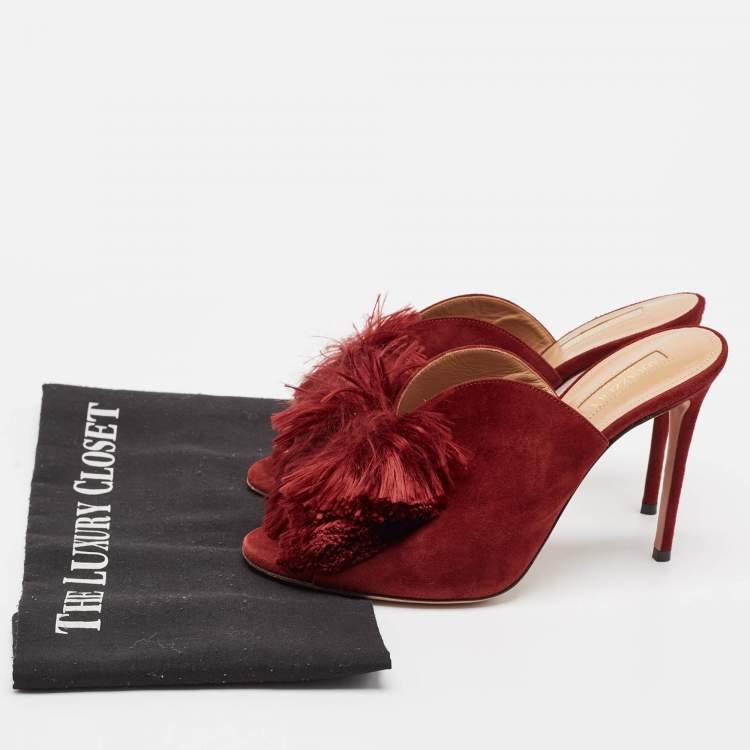 Pre Owned Aquazzura Burgundy Suede Lotus Blossom Mules Size 38