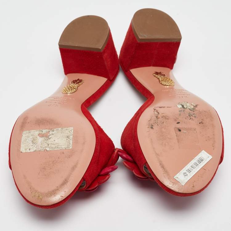 Pre Owned Aquazzura Red Suede Hearts Detail Slide Sandals Size 37.5