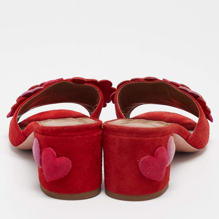 Pre Owned Aquazzura Red Suede Hearts Detail Slide Sandals Size 37.5