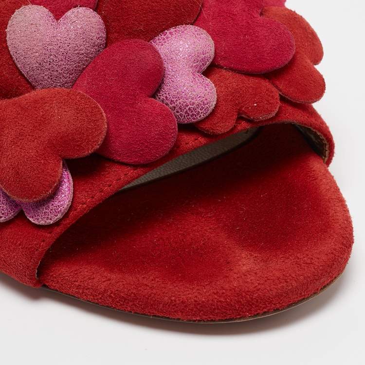 Pre Owned Aquazzura Red Suede Hearts Detail Slide Sandals Size 37.5