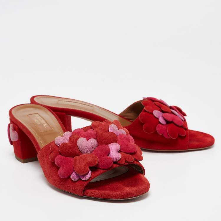 Pre Owned Aquazzura Red Suede Hearts Detail Slide Sandals Size 37.5