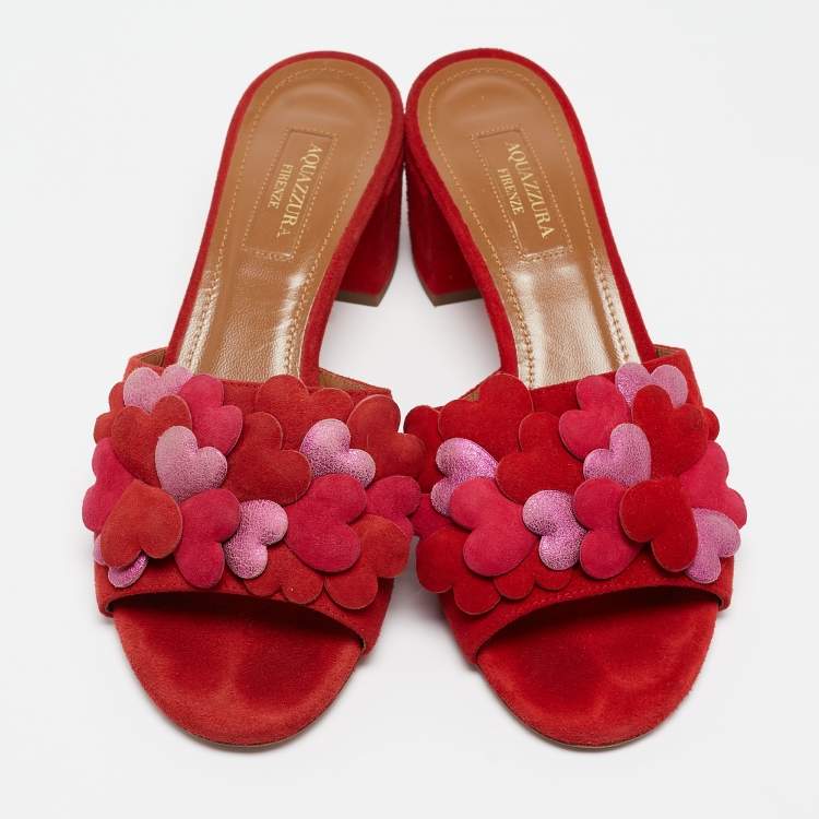 Pre Owned Aquazzura Red Suede Hearts Detail Slide Sandals Size 37.5