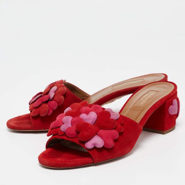 Pre Owned Aquazzura Red Suede Hearts Detail Slide Sandals Size 37.5