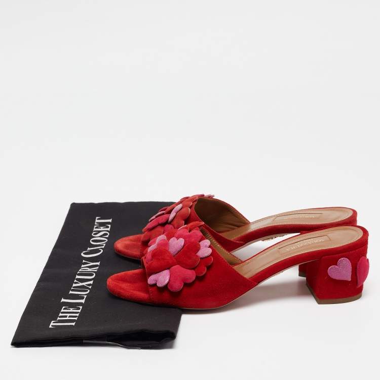 Pre Owned Aquazzura Red Suede Hearts Detail Slide Sandals Size 37.5