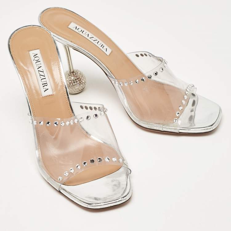 Pre Owned Aquazzura Transparent PVC Crystal Embellished Slide Sandals Size 38