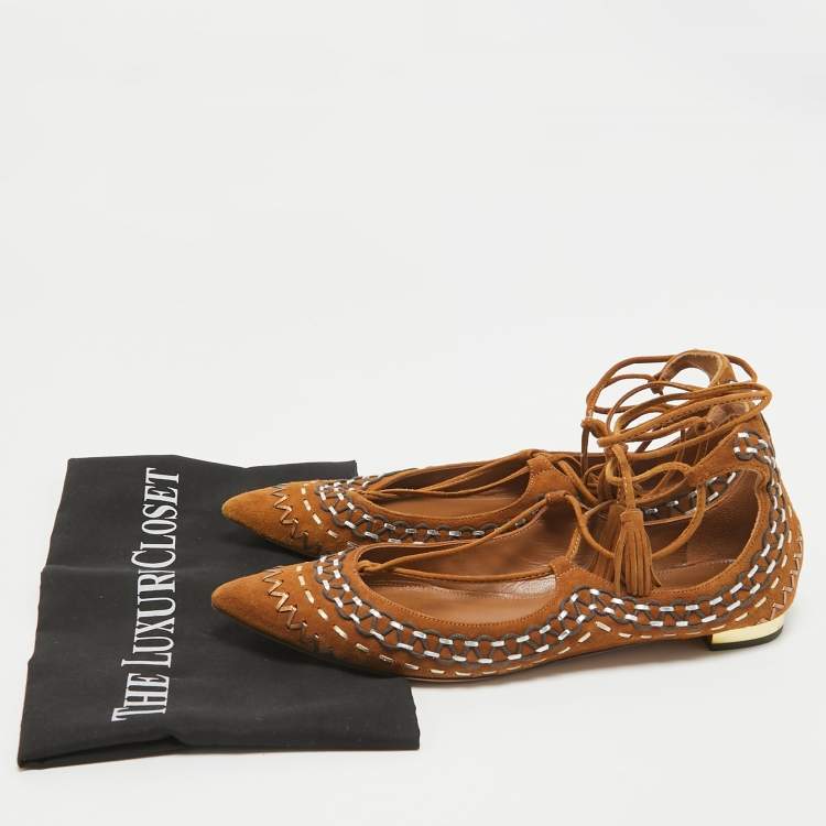 مملوكة مسبقًا Aquazzura Brown Suede Ankle Wrap Ballet Flats Size 38.5