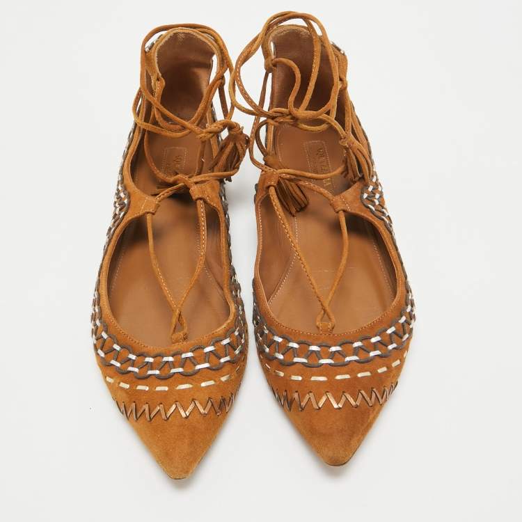 مملوكة مسبقًا Aquazzura Brown Suede Ankle Wrap Ballet Flats Size 38.5