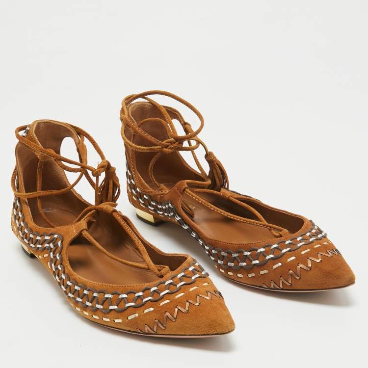 مملوكة مسبقًا Aquazzura Brown Suede Ankle Wrap Ballet Flats Size 38.5