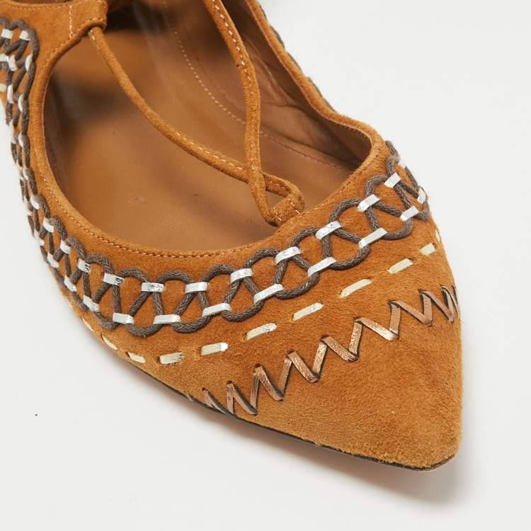 مملوكة مسبقًا Aquazzura Brown Suede Ankle Wrap Ballet Flats Size 38.5