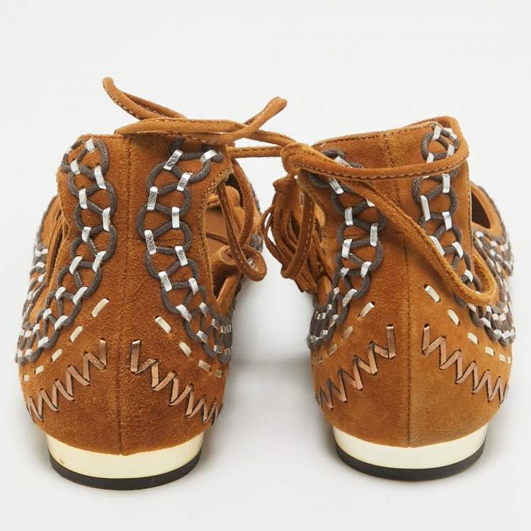 مملوكة مسبقًا Aquazzura Brown Suede Ankle Wrap Ballet Flats Size 38.5