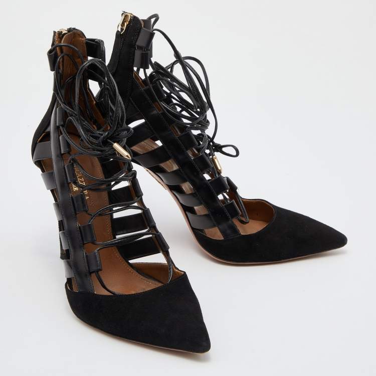 Pre Owned Aquazzura Black Leather and Suede Ankle Length Boots Size 41