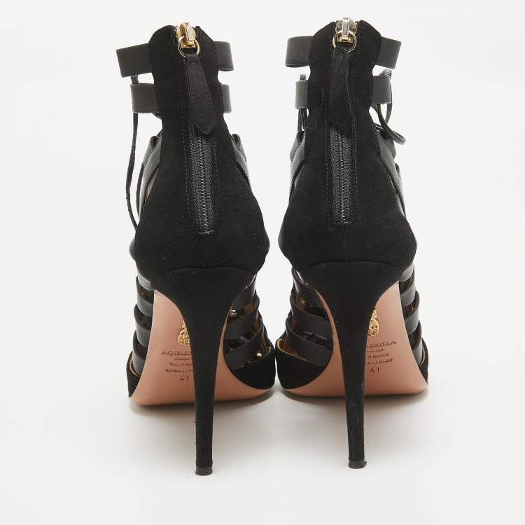 Pre Owned Aquazzura Black Leather and Suede Ankle Length Boots Size 41