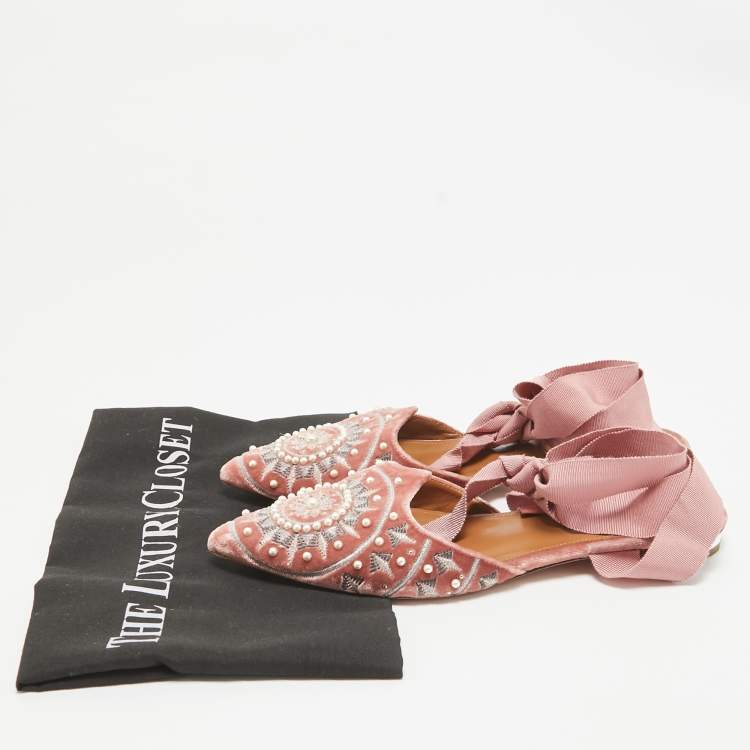 Pre Owned Aquazzura Pink Embellished Velvet Ankle Tie Flats Size 36