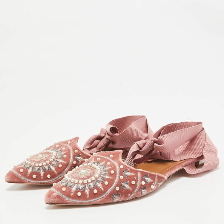 Pre Owned Aquazzura Pink Embellished Velvet Ankle Tie Flats Size 36