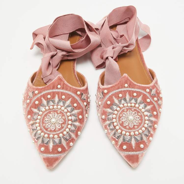Pre Owned Aquazzura Pink Embellished Velvet Ankle Tie Flats Size 36