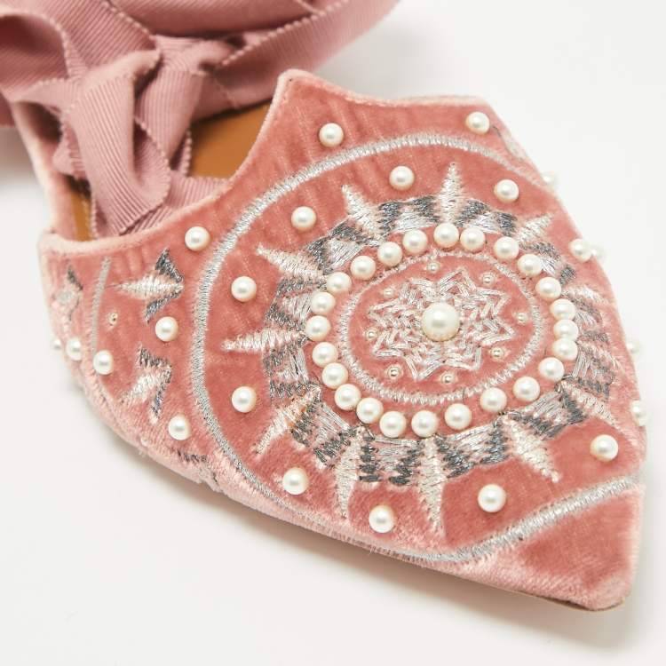 Pre Owned Aquazzura Pink Embellished Velvet Ankle Tie Flats Size 36