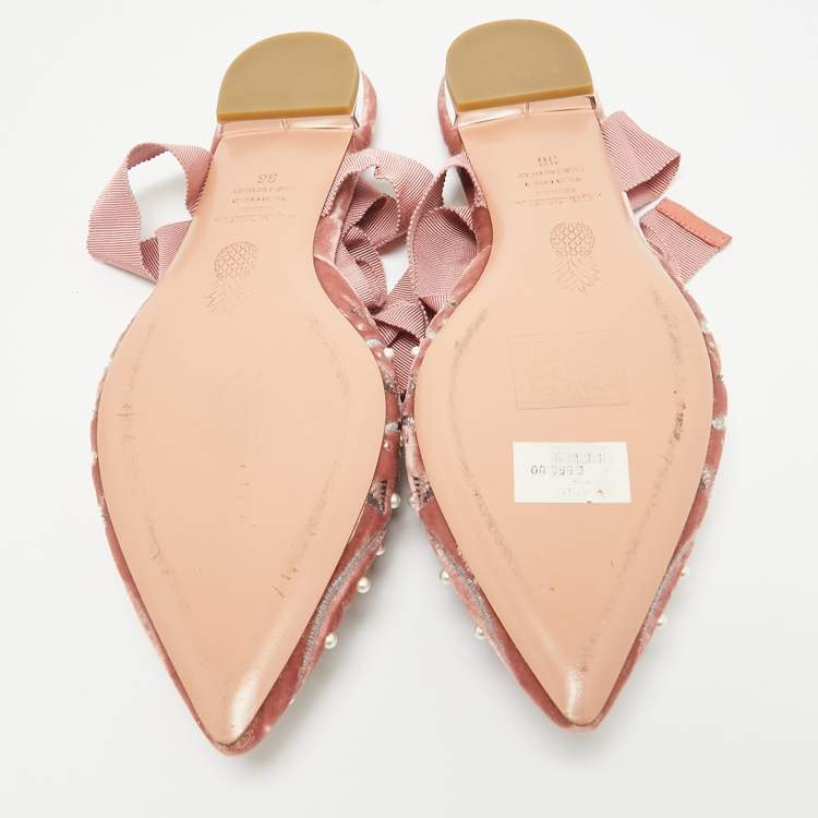 Pre Owned Aquazzura Pink Embellished Velvet Ankle Tie Flats Size 36