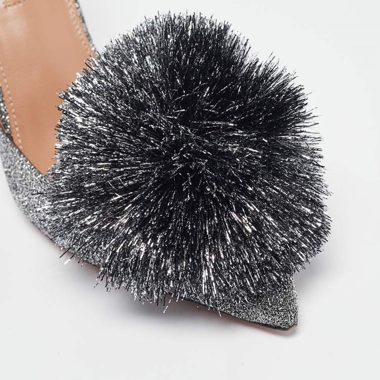 Pre Owned Aquazzura Silver Lurex Fabric Powder Puff Pumps Size 35.5