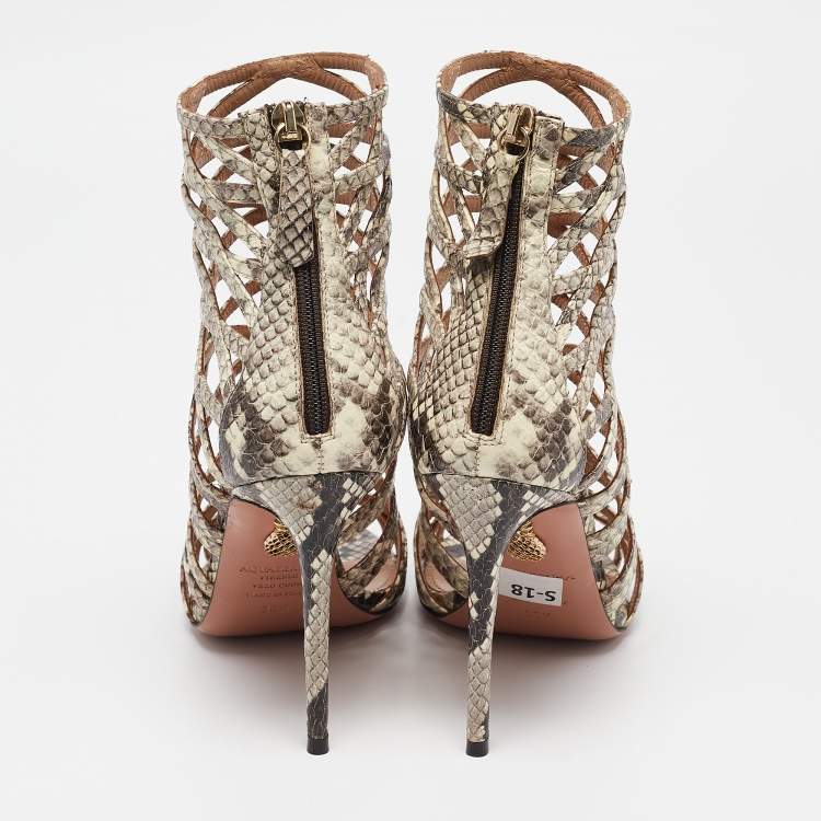 Pre Owned Aquazzura Beige Snakeskin Embossed Leather knockout Gladiator Sandals Size 36.5