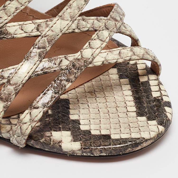 Pre Owned Aquazzura Beige Snakeskin Embossed Leather knockout Gladiator Sandals Size 36.5