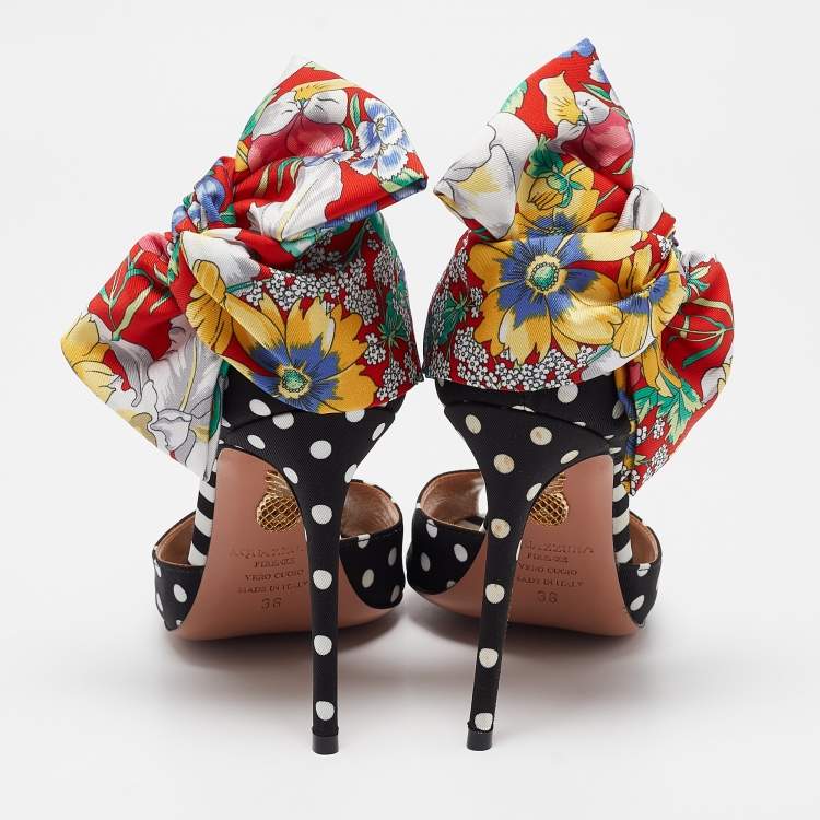 مملوكة مسبقًا Aquazzura x Racil Multicolor Polka Dot Fabric and Printed Satin Bow Sandals Size 36