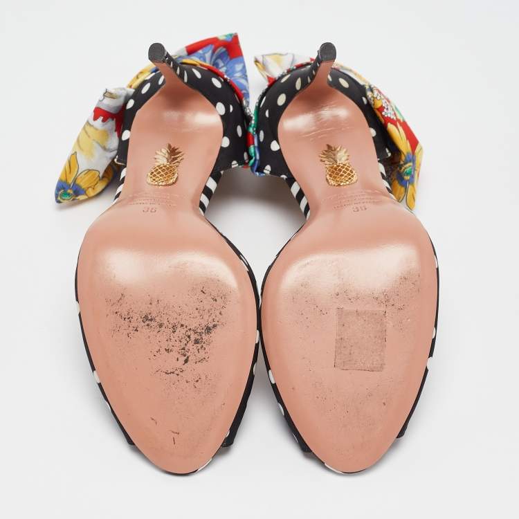 مملوكة مسبقًا Aquazzura x Racil Multicolor Polka Dot Fabric and Printed Satin Bow Sandals Size 36