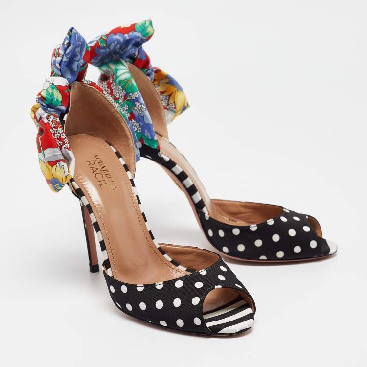 مملوكة مسبقًا Aquazzura x Racil Multicolor Polka Dot Fabric and Printed Satin Bow Sandals Size 36