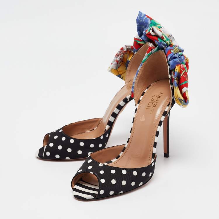 مملوكة مسبقًا Aquazzura x Racil Multicolor Polka Dot Fabric and Printed Satin Bow Sandals Size 36