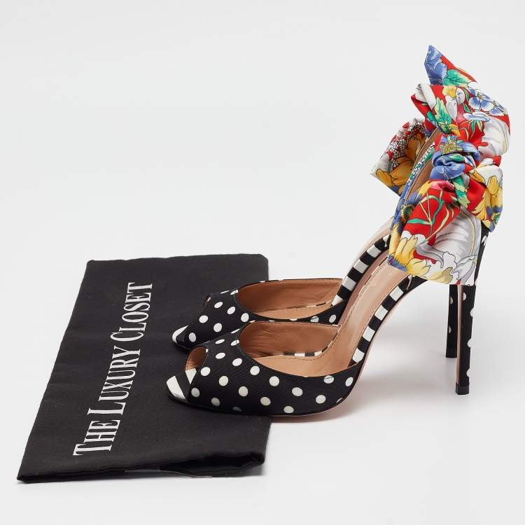 مملوكة مسبقًا Aquazzura x Racil Multicolor Polka Dot Fabric and Printed Satin Bow Sandals Size 36