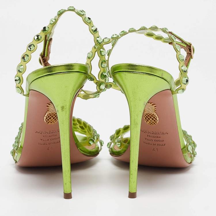 Pre Owned Aquazzura Green PVC Crystal Ankle Strap Sandals Size 41
