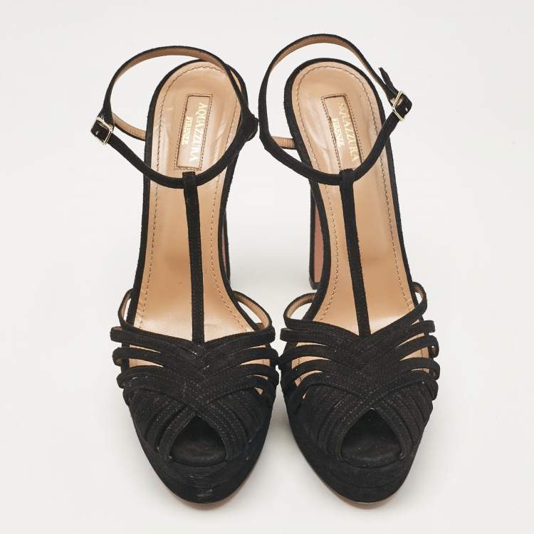 Pre Owned Aquazzura Black Suede T-Strap Platform Sandals Size 41