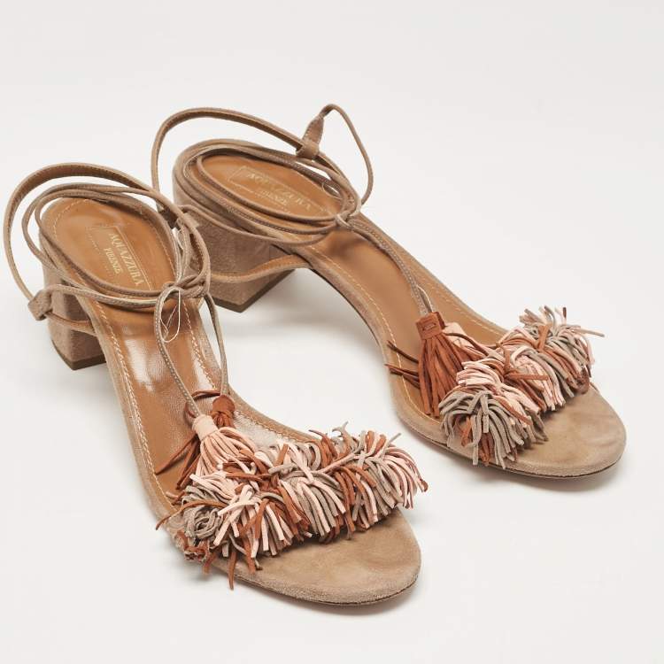 Pre Owned Aquazzura Beige Suede  Ankle Strap Sandals Size 41
