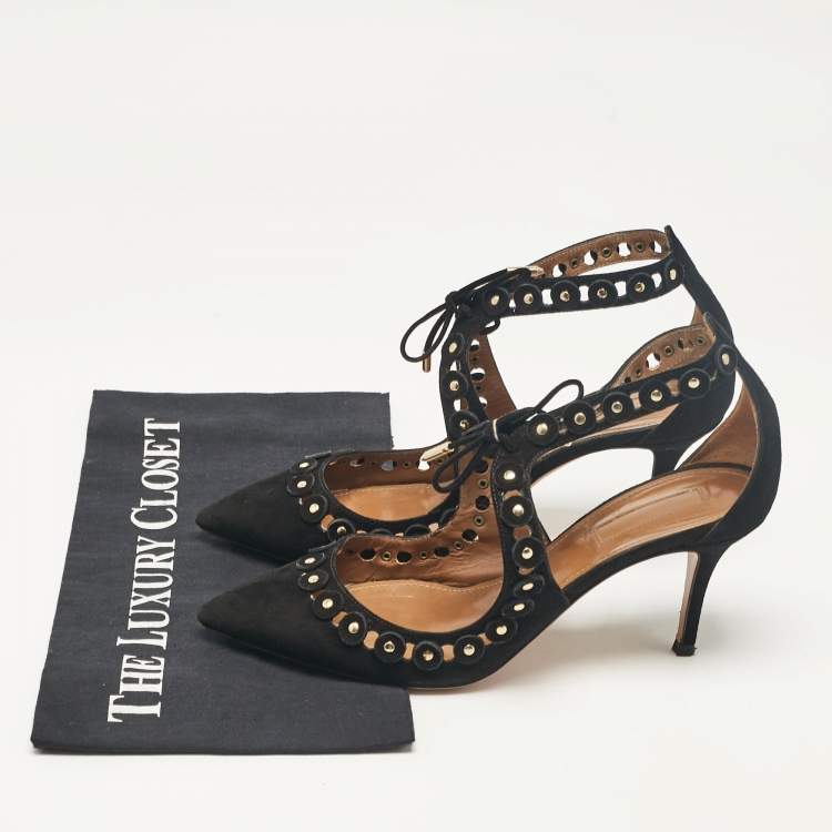 Pre Owned Aquazzura Black Suede Ankle Strap Pumps Size 37.5