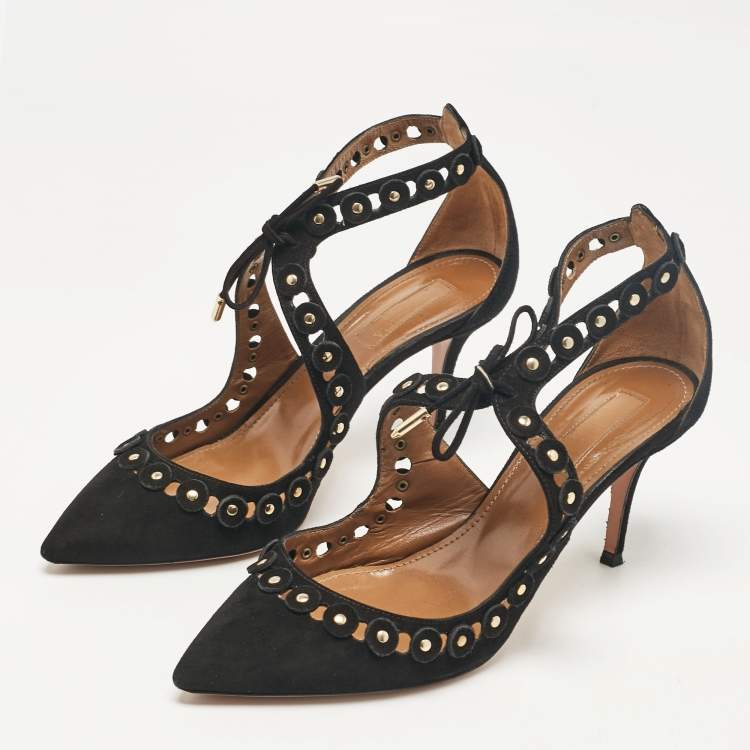 Pre Owned Aquazzura Black Suede Ankle Strap Pumps Size 37.5