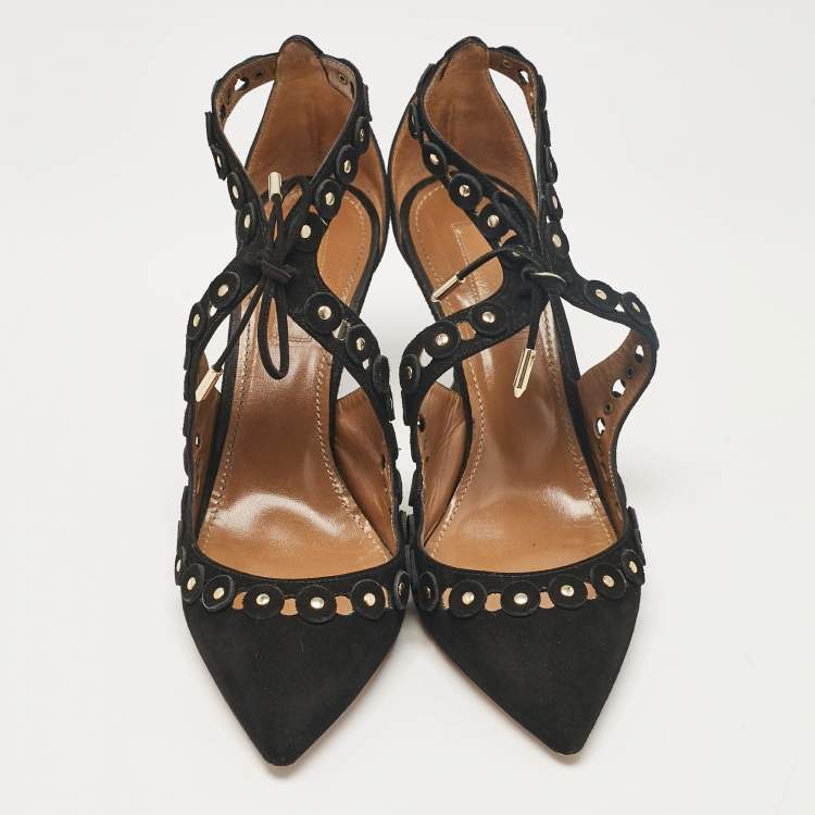 Pre Owned Aquazzura Black Suede Ankle Strap Pumps Size 37.5