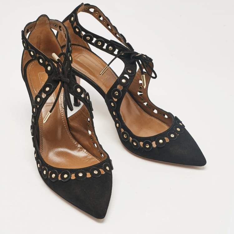 Pre Owned Aquazzura Black Suede Ankle Strap Pumps Size 37.5