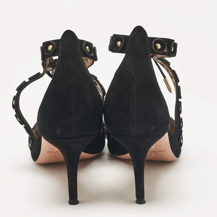 Pre Owned Aquazzura Black Suede Ankle Strap Pumps Size 37.5
