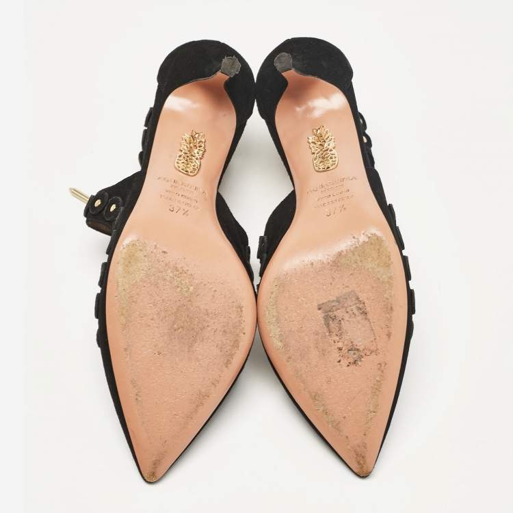 Pre Owned Aquazzura Black Suede Ankle Strap Pumps Size 37.5