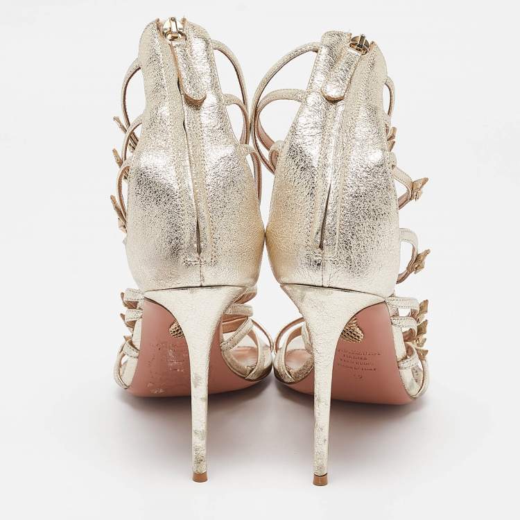 Pre Owned Aquazzura Gold Leather Star Studded Strappy Sandals Size 42