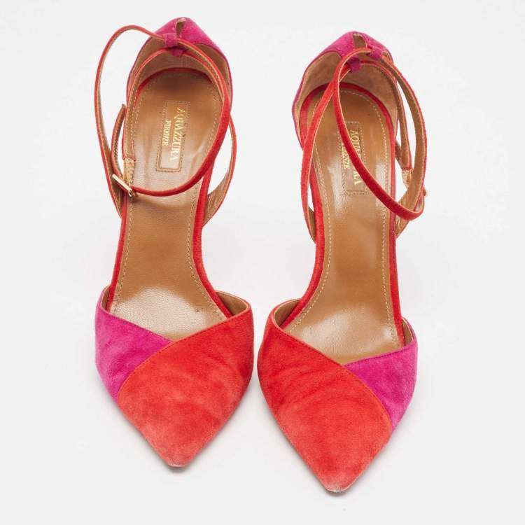 Pre Owned Aquazzura Red/Purple Suede Ankle Strap Pumps Size 40