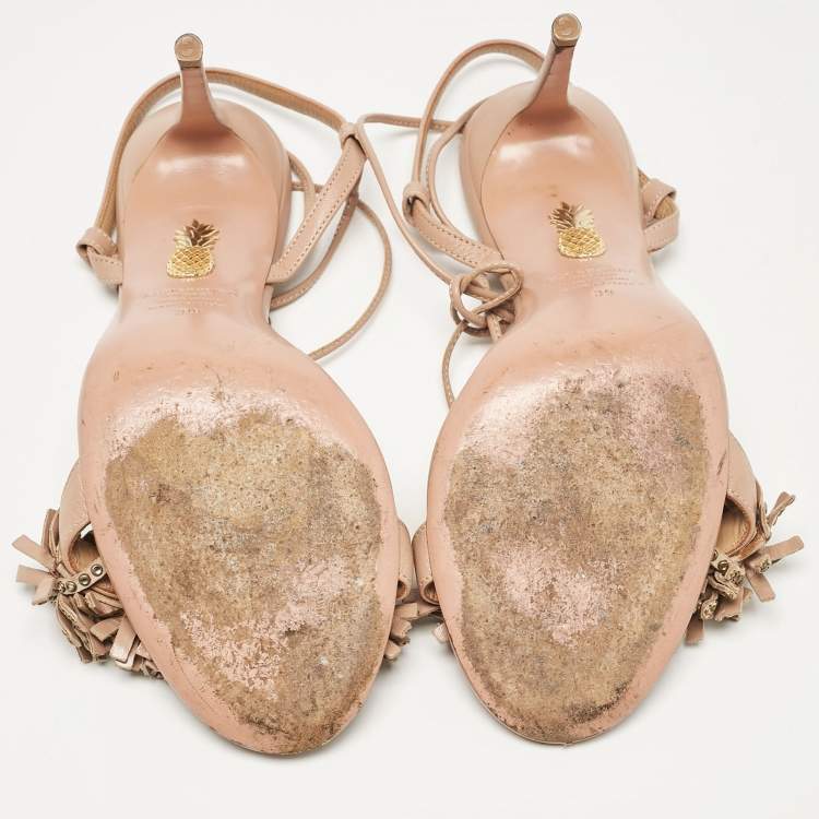 Pre Owned Aquazzura Pink Leather Embellished Wild Thing Sandals Size 39