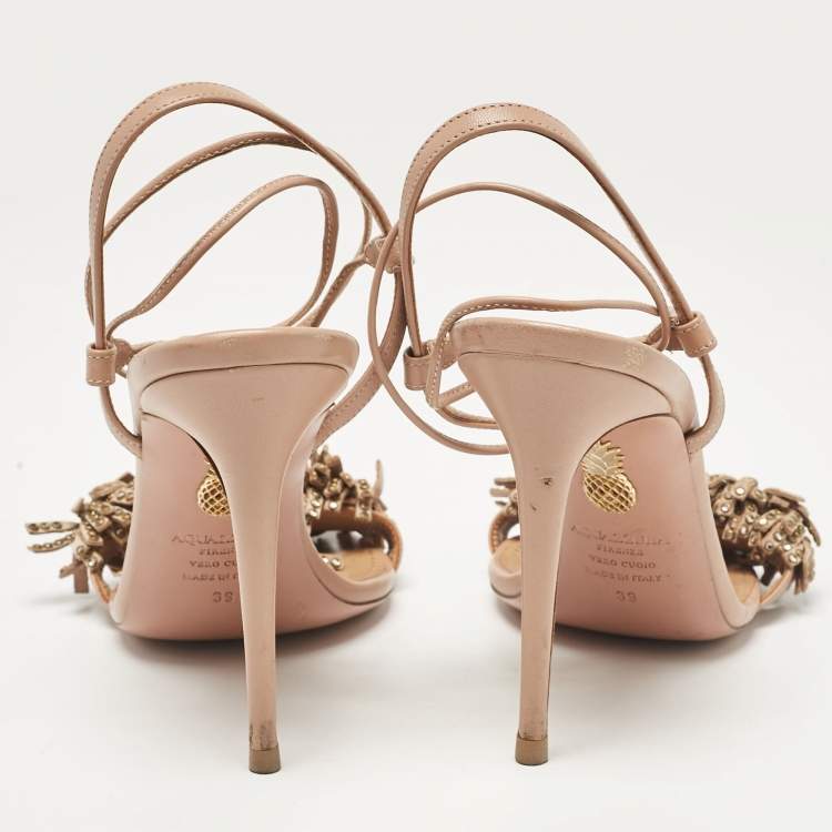 Pre Owned Aquazzura Pink Leather Embellished Wild Thing Sandals Size 39