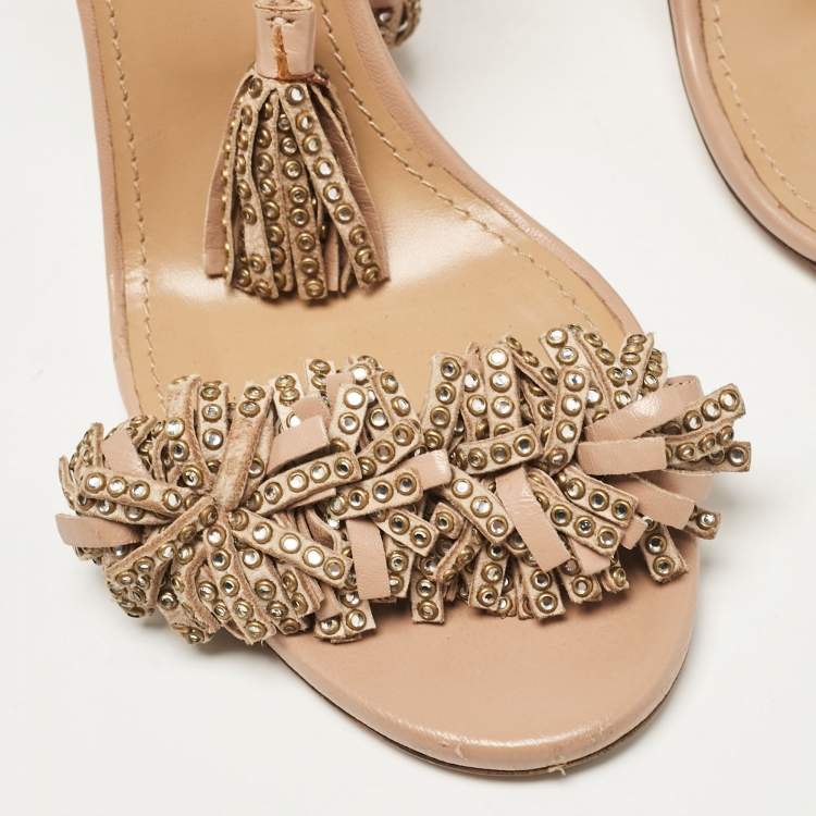 Pre Owned Aquazzura Pink Leather Embellished Wild Thing Sandals Size 39