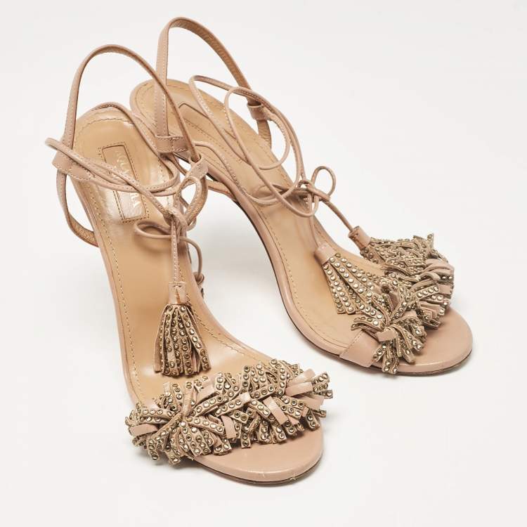 Pre Owned Aquazzura Pink Leather Embellished Wild Thing Sandals Size 39